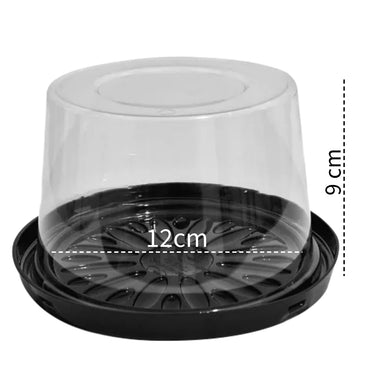 Recipientes de Plástico Transparente para Bolo - 12cm Redondo c/ Base Preta (10 unidades)